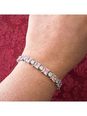 Vintage 925 Sterling Silver Pink Cubic Zirconia Princess Cut Tennis Bracelet 7.5